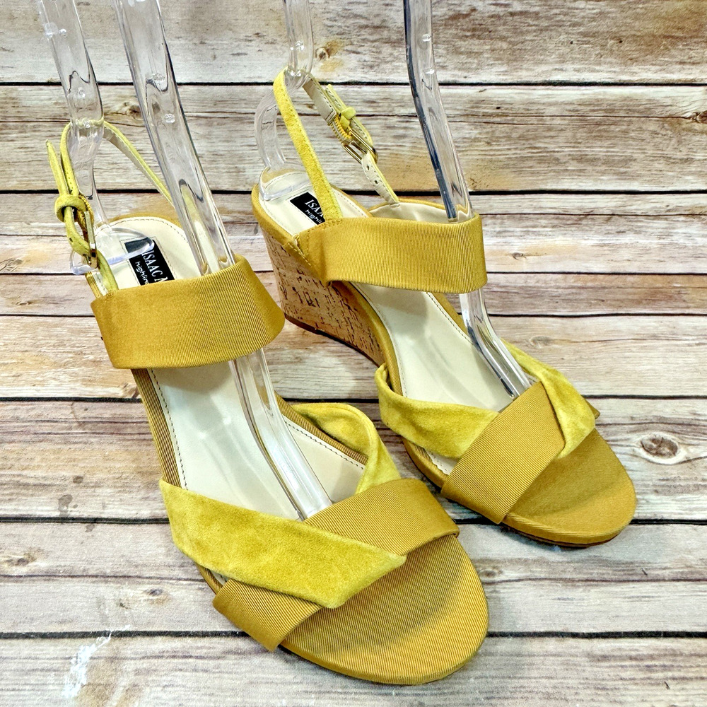 Isaac Mizrahi Highline United Womens Yellow Suede Leather Cork Wedge Sandals 9M